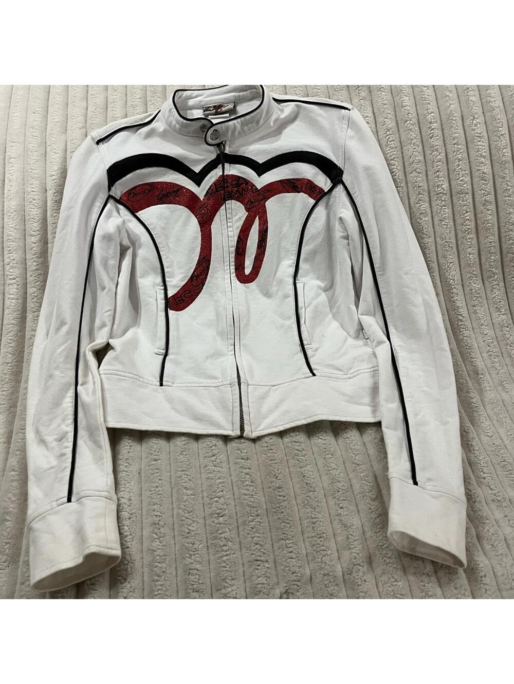 Mecca Femme Stylish White Motorcycle Jacket with Red Accents Womens Size Small